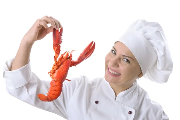 Kvinnliga kock med en hummer — Stockfoto