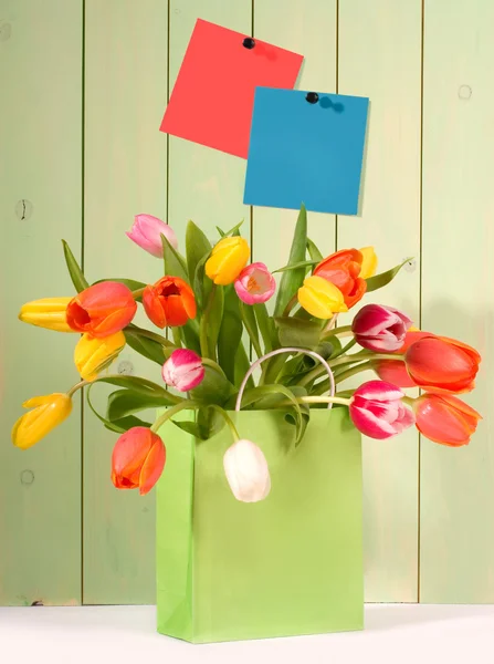 Friss tulipánok a bevásárló táska — Stock Fotó
