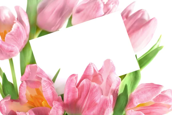 Bouquet of rose tulips with blank card — Stock Photo, Image