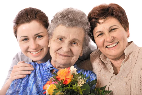 Gran abuela recibiendo un ramo de flores — Foto de Stock