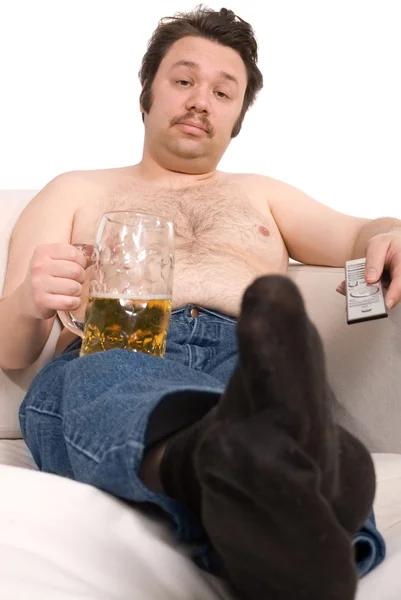 Overweight man with a beer glass — Stock Photo, Image