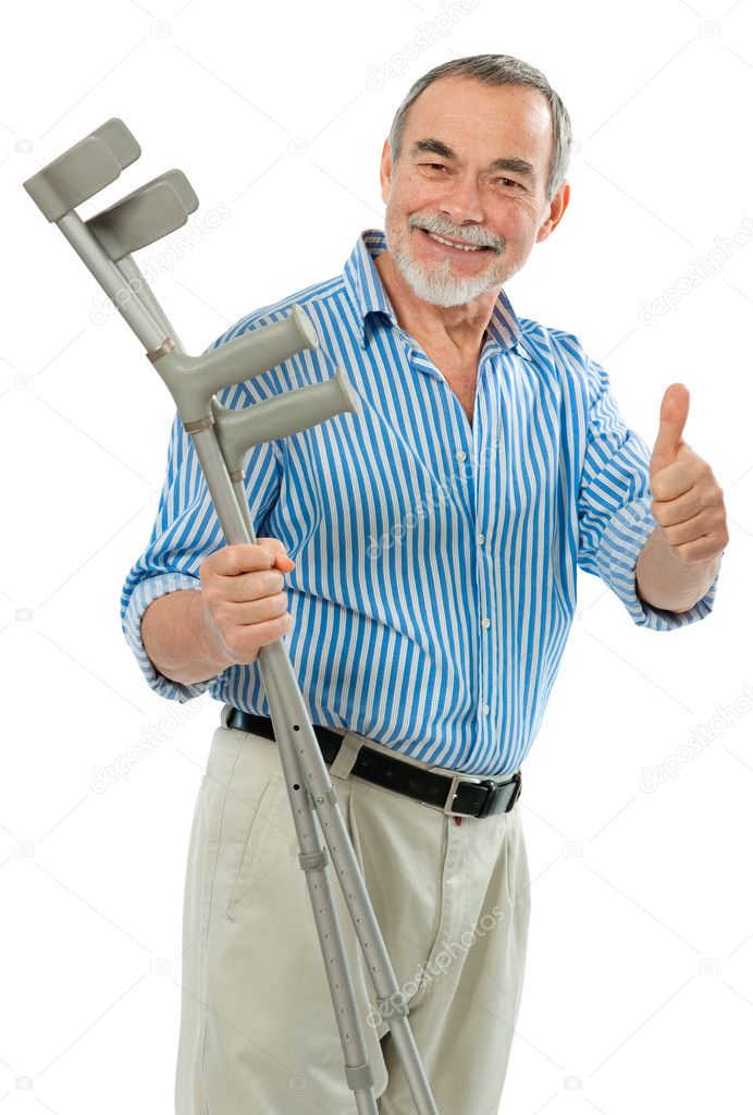 Senior man with crutches