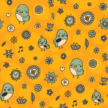 Orange background with cute green birds clipart