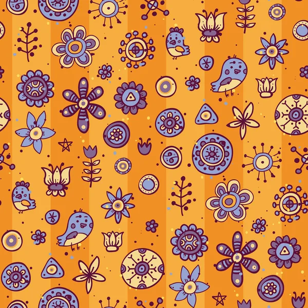 Φωτεινό πορτοκαλί φόντο με λουλούδια και πουλιά — Διανυσματικό Αρχείο