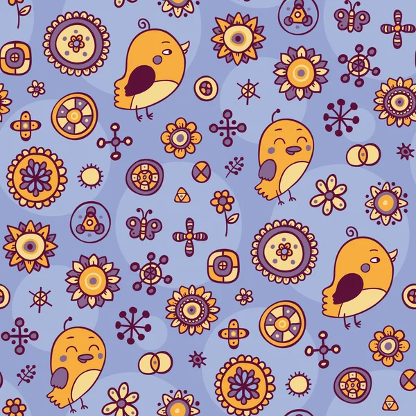 Χαριτωμένο μοτίβο μπλε με πουλιά και λουλούδια — Διανυσματικό Αρχείο