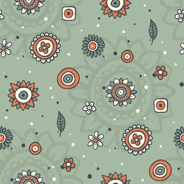 Mignon fond vert avec des fleurs orange et des éléments abstraits — Image vectorielle