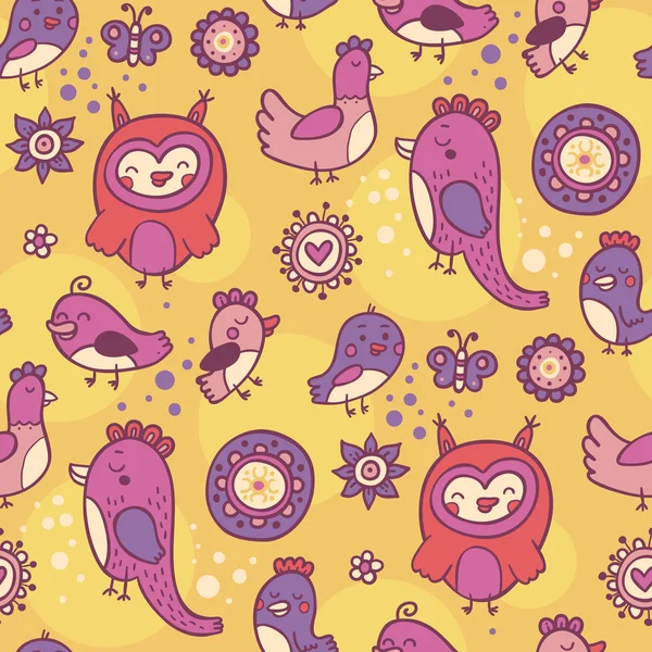 鳥と花とかわいい黄色いパターン — ストックベクタ