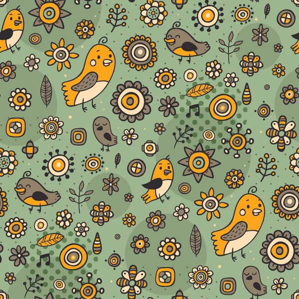 Grönt mönster med bruna fåglar — Stock vektor