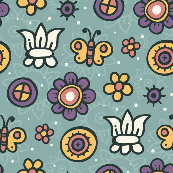 蝶と花とのシームレスな背景 — ストックベクタ