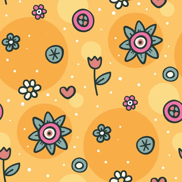 Sömlös orange mönster med blommor och cirklar — Stock vektor