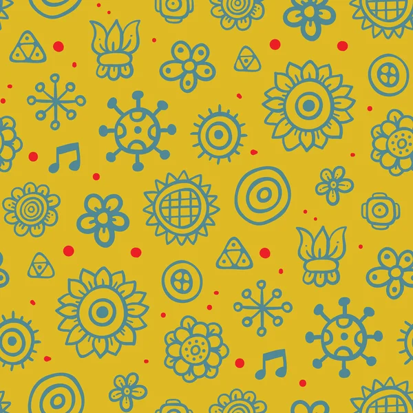 Beau motif jaune avec des éléments mignons et des points rouges — Image vectorielle