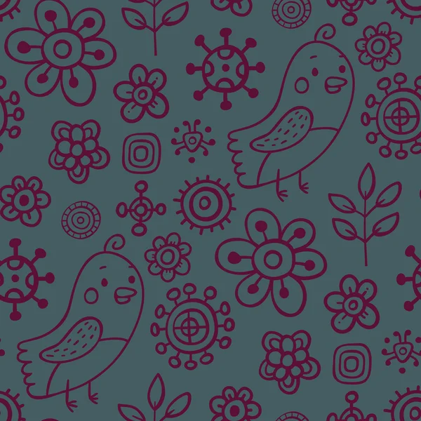 Mignon fond sans couture avec des oiseaux et des fleurs — Image vectorielle