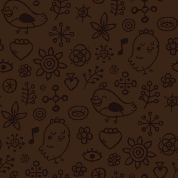 鳥と花と暗い茶色パターン — ストックベクタ