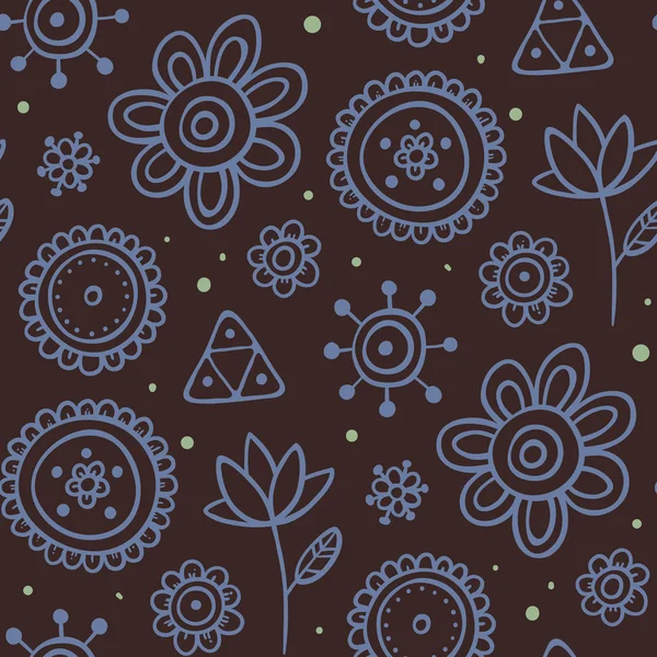 Σκούρο χωρίς ραφή πρότυπο με μπλε λουλούδια και πράσινες κουκκίδες — Διανυσματικό Αρχείο