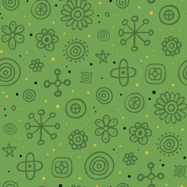 Zelený vzorek s roztomilé prvky a žluté tečky — Stockový vektor
