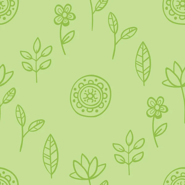 Green pattern with leaves and flowers — Stock Vector