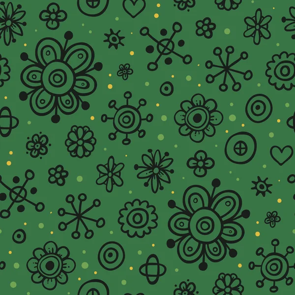 Zöld varrat nélküli mintát fekete virágos elemekkel — Stock Vector