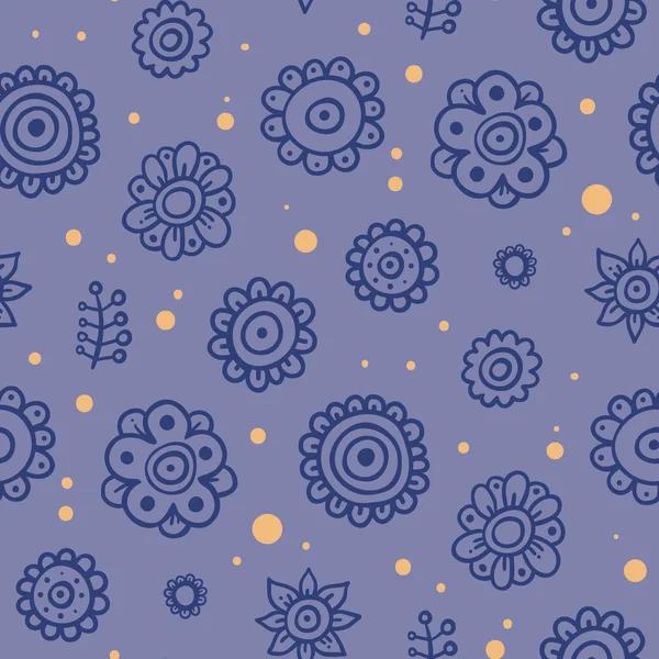 Patrón violeta con elementos lindos y puntos amarillos — Archivo Imágenes Vectoriales
