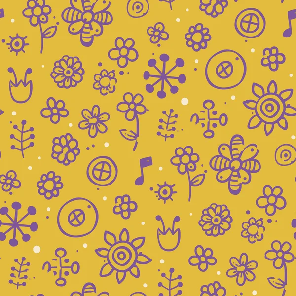 Patrón amarillo con elementos violetas y puntos blancos — Vector de stock