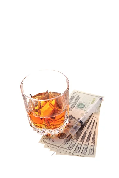 Drugs alcohol and money — Stock Photo, Image