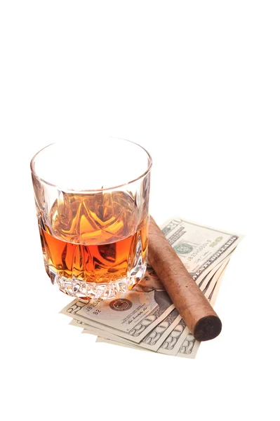 Drink with cigar and money — Stock Photo, Image