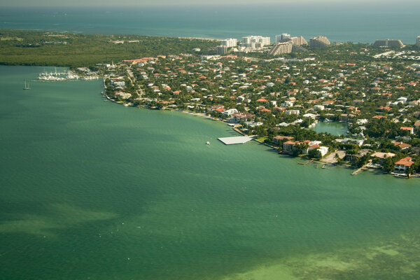Aerial shots of miami houses by the sea, in Florida, USA