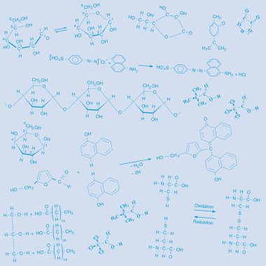 Texture of chemical structural formulas in blue on light blue background clipart