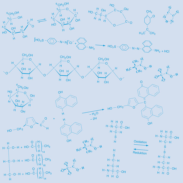 Texture of chemical structural formulas in blue on light blue background