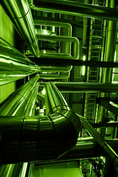 Industrial zone, Steel pipelines in green tones — Stock Photo, Image
