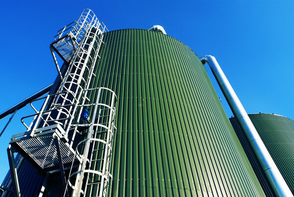 Industrial zone, Steel pipelines and tanks in blue tones