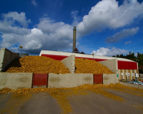 푸른 하늘을 배경으로 나무 연료를 저장하고 있는 생물 발전소 — 스톡 사진