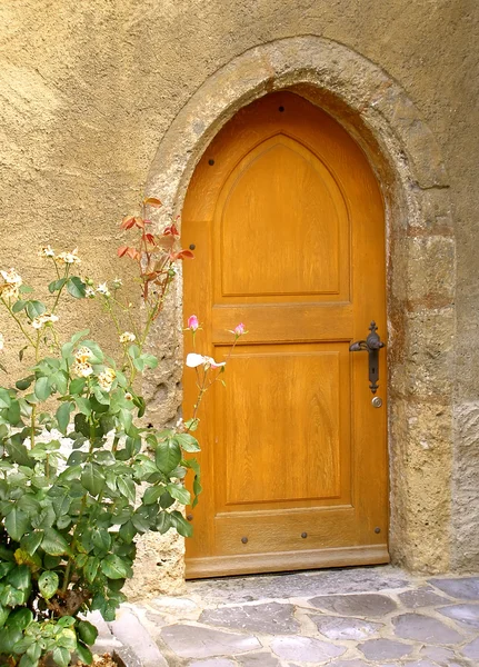 stock image Ancient yellow door with roses bush