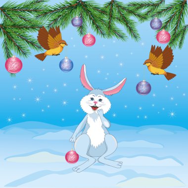 Christmas hare and flying birds with christmas-tree decorations clipart