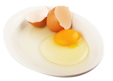 Raw egg tear into half with yolk and albumin clipart