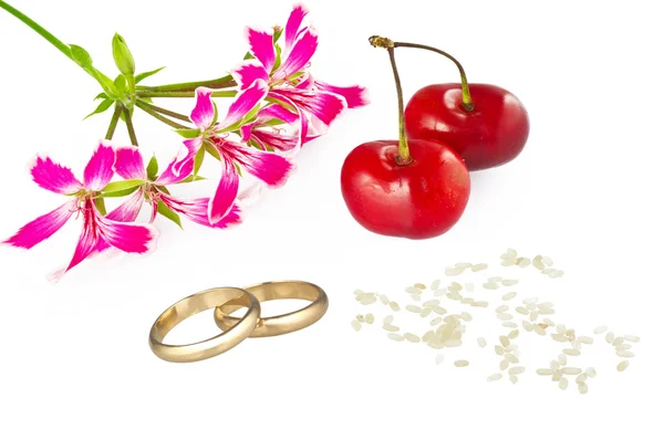 Huwelijk concept kaart met gouden ringen — Stockfoto