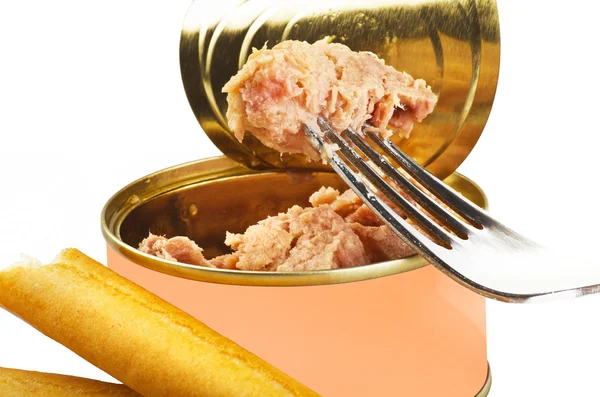 Open tin of pink tunafish — Stock Photo, Image