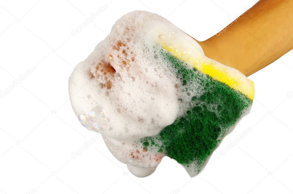 Sponge with dish washing liquid — Stock Photo © Orlando.B 7204009