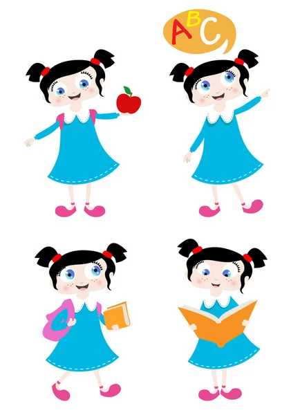 School girl with four different positions — Stock Vector