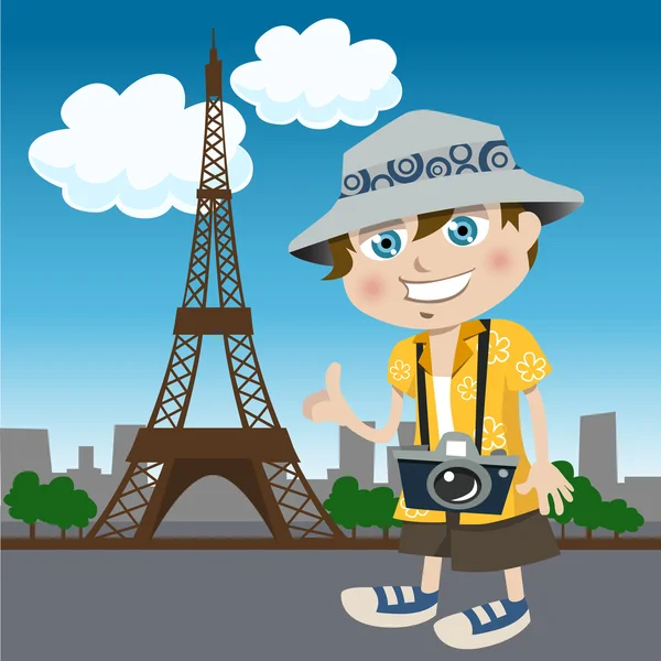 Tourist guy eiffel tower — Stock Vector
