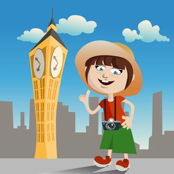 Touriste fille horloge tour — Image vectorielle
