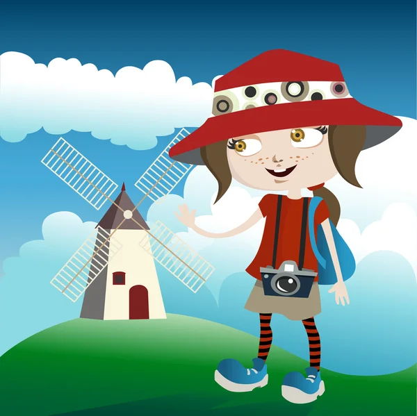 Touriste avec moulin — Image vectorielle