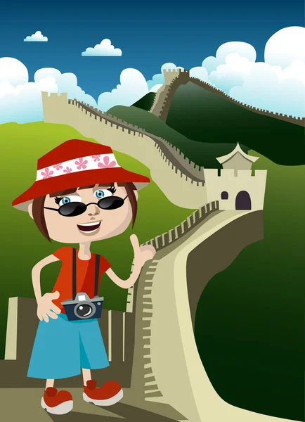 Tourist with great wall — Stock Vector