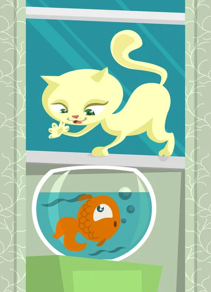 Cartoon-Katze jagt Fische — Stockvektor