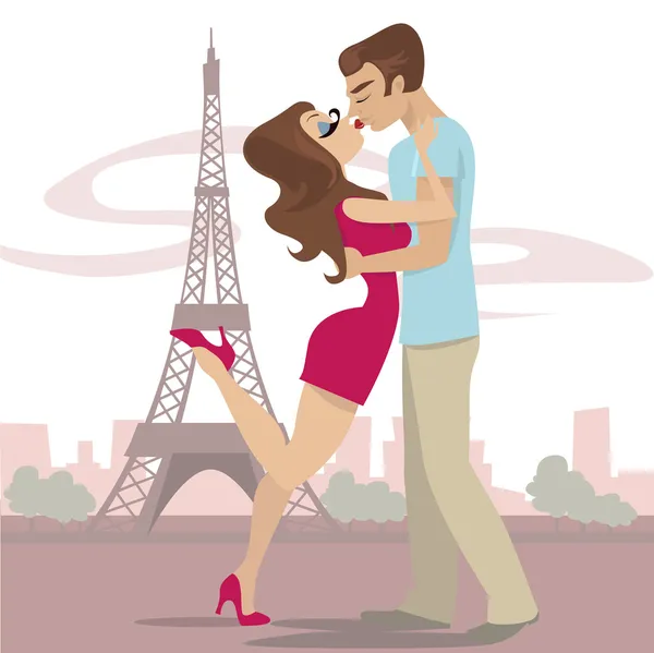 Beijar casal com torre eiffel — Vetor de Stock
