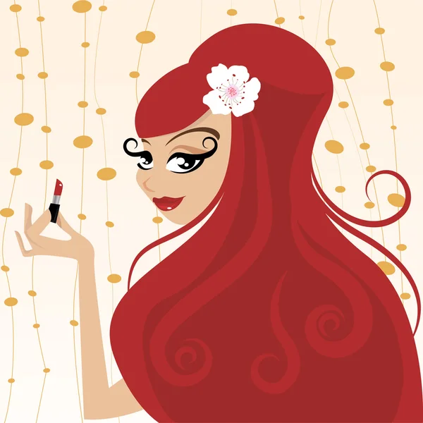 赤い頭の女性は、メイクアップします。 — ストックベクタ