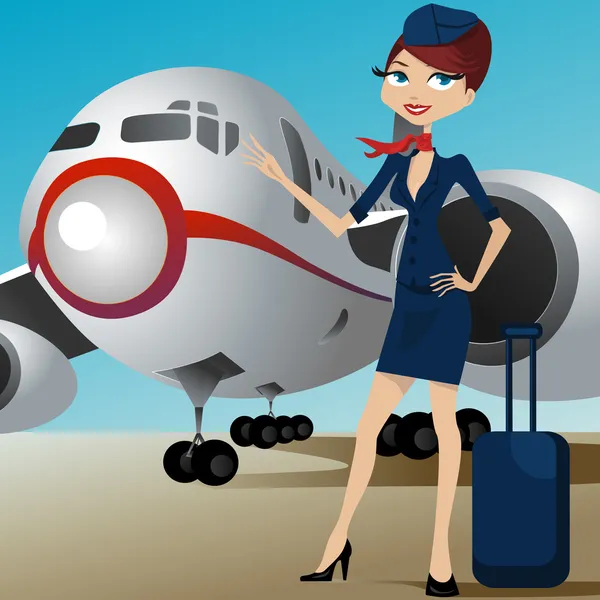 Luchtvaartmaatschappij gastvrouw met vliegtuig — Stockvector