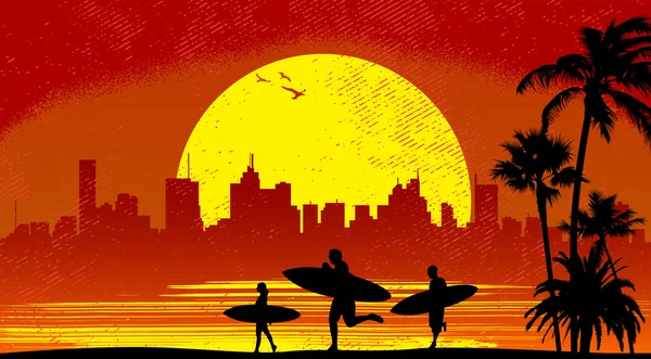 Surfista con tramonto — Vettoriale Stock
