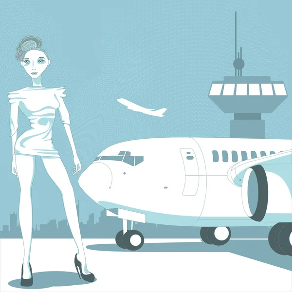 Женщина и самолет — стоковый вектор