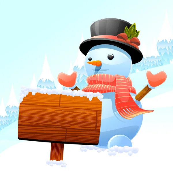 Snowman e sinal de madeira — Vetor de Stock