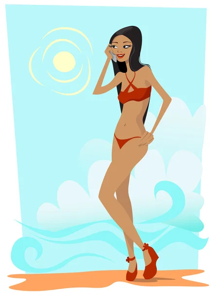 Bikini girl på telefonen — Stock vektor